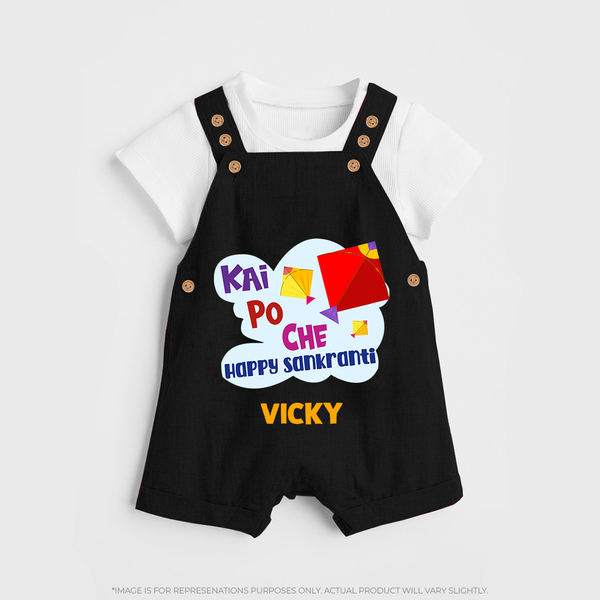Kai Po Che Ha Happy Sankranti | Customized Dungaree with Name - BLACK - 0 - 5 Months Old (Chest 18")