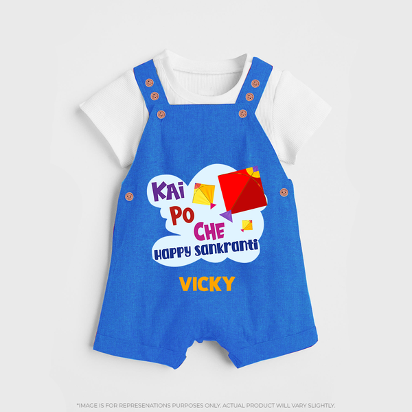 Kai po che 'Happy Sankranti' - Customized Dungaree Set For kids With Name - COBALT BLUE - 0 - 5 Months Old (Chest 18")