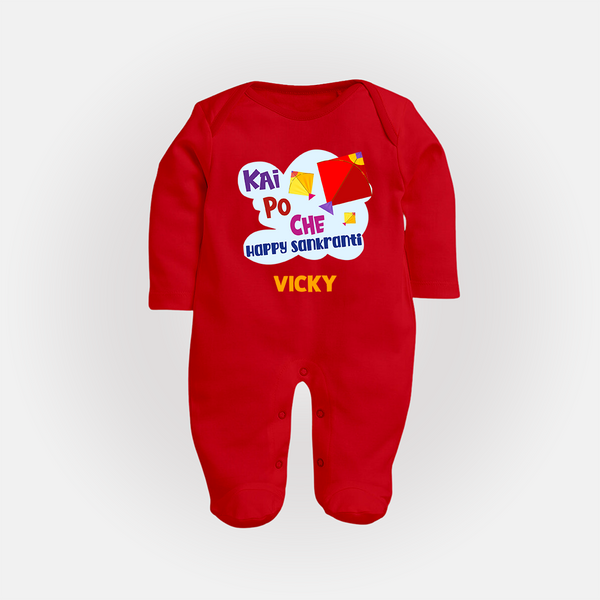 Kai Po Che Ha Happy Sankranti | Customized FullBody Suit with Name - RED - New Born (Chest 7.5")