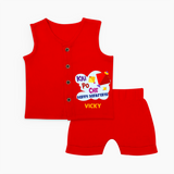 Kai po che 'Happy Sankranti' - Customized Jabla Set For Babies With Name - RED - 0 - 3 Months Old (Chest 9.8")