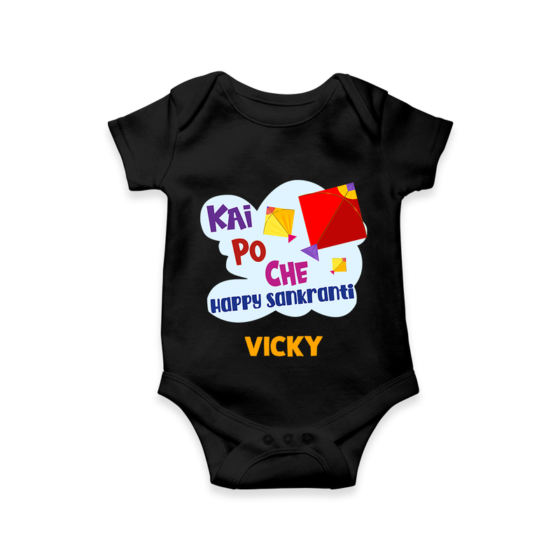 Kai po che 'Happy Sankranti' - Customized Romper For Babies With Name - BLACK - 0 - 3 Months Old (Chest 16")