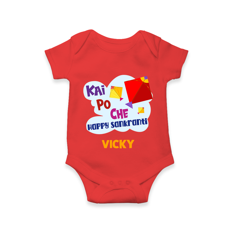 Kai po che 'Happy Sankranti' - Customized Romper For Babies With Name - RED - 0 - 3 Months Old (Chest 16")