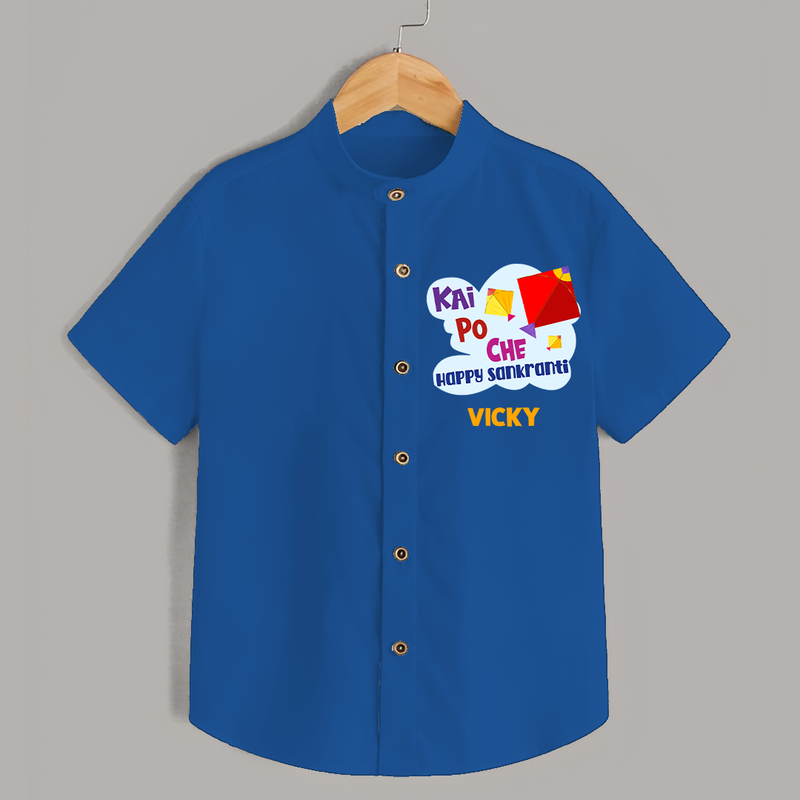 Kai po che 'Happy Sankranti' - Customized Shirt For kids With Name - COBALT BLUE - 0 - 6 Months Old (Chest 23")