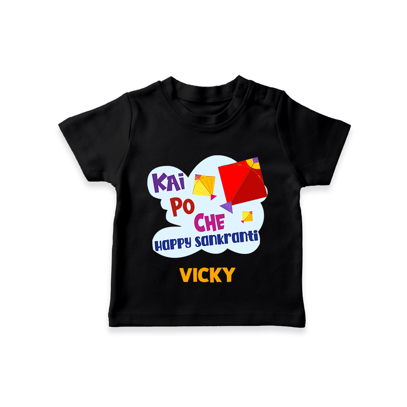 Kai po che 'Happy Sankranti' - Customized T-Shirt For kids With Name - BLACK - 0-5 Months Old (Chest 17")