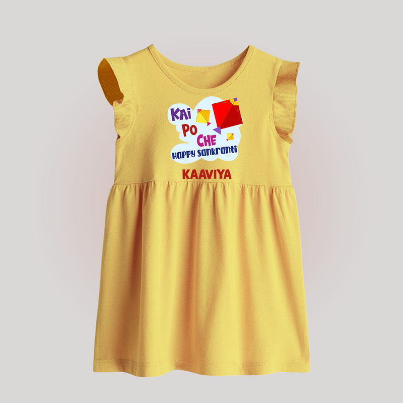 Kai po che 'Happy Sankranti' - Customized Baby Frock For Babies With Name - YELLOW - 0 - 3 Months Old (Chest 17")