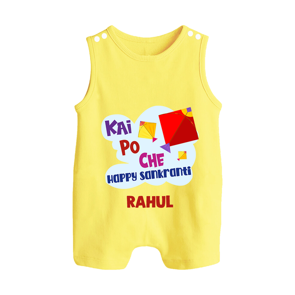 Kai Po Che Ha Happy Sankranti | Customized Romper suit with Name - PASTEL YELLOW - 0 - 5 Months Old (Chest 18")