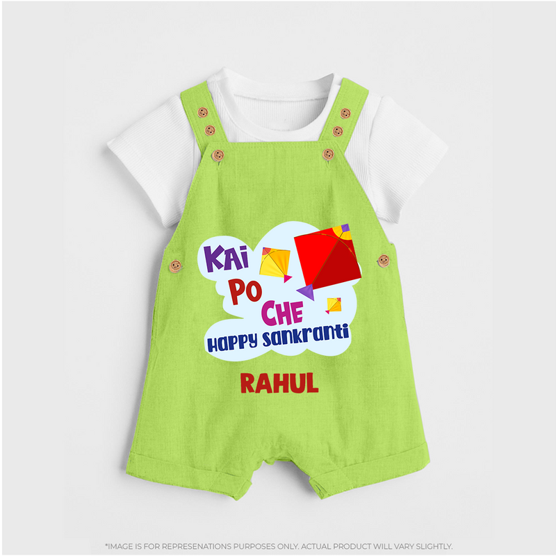 Kai po che 'Happy Sankranti' - Customized Dungaree Set For kids With Name - GREEN - 0 - 5 Months Old (Chest 18")