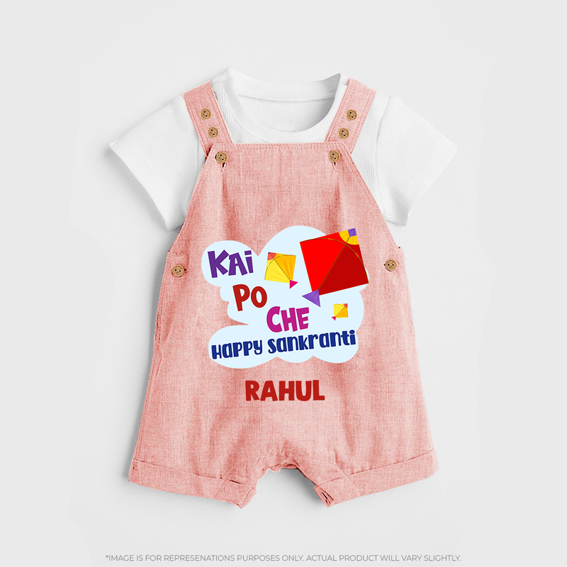 Kai po che 'Happy Sankranti' - Customized Dungaree Set For kids With Name - PEACH - 0 - 5 Months Old (Chest 18")