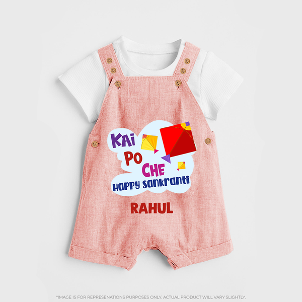 Kai Po Che Ha Happy Sankranti | Customized Dungaree with Name - PEACH - 0 - 5 Months Old (Chest 18")