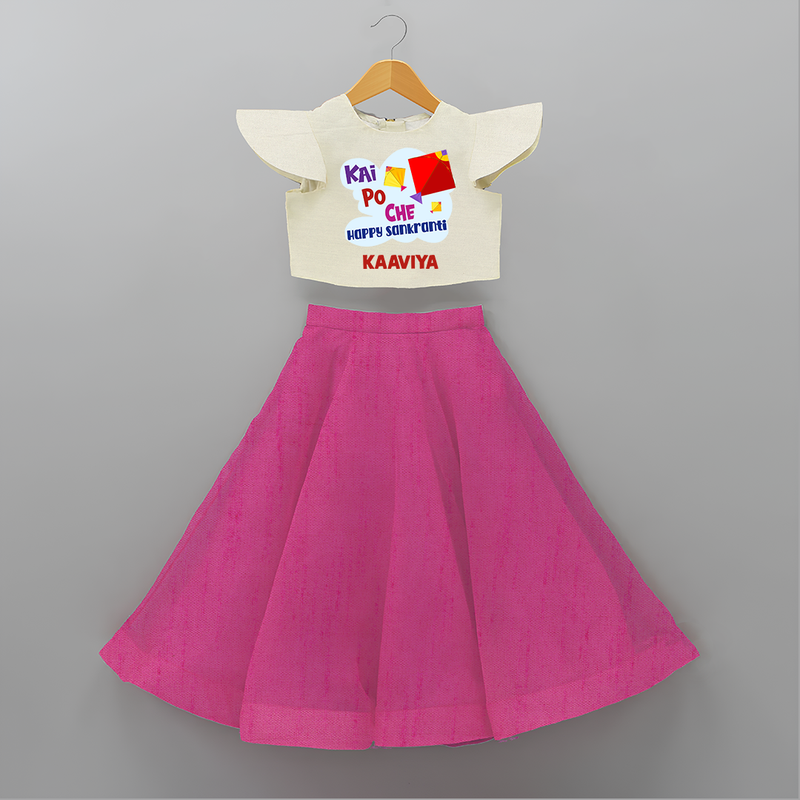 Kai po che 'Happy Sankranti' - Customized Crop Top And Skirt For kids With Name - FUSCHIA - 6 - 9 Months Old (Chest 20" , Frock Waist 20")