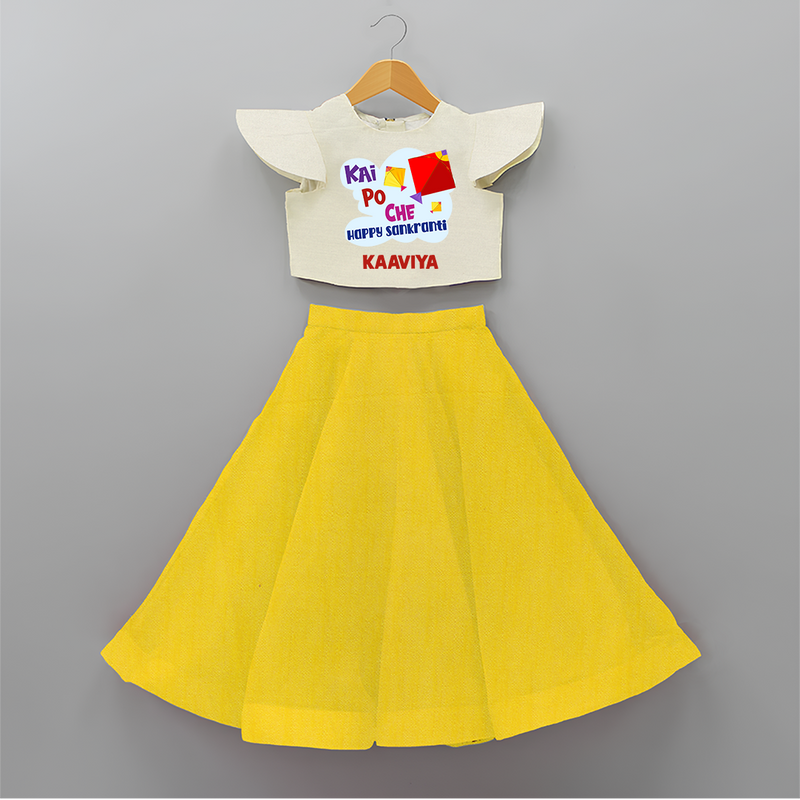 Kai po che 'Happy Sankranti' - Customized Crop Top And Skirt For kids With Name - YELLOW - 6 - 9 Months Old (Chest 20" , Frock Waist 20")