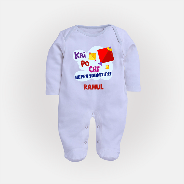 Kai po che 'Happy Sankranti' - Customized Sleep Suit For kids With Name - BABY BLUE - New Born (Chest 7.5")