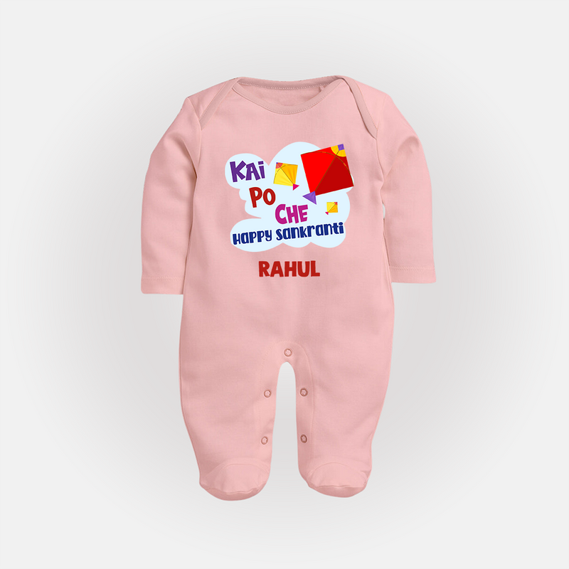 Kai po che 'Happy Sankranti' - Customized Sleep Suit For kids With Name - BABY PINK - New Born (Chest 7.5")