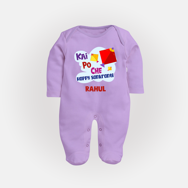 Kai po che 'Happy Sankranti' - Customized Sleep Suit For kids With Name - LILAC - New Born (Chest 7.5")