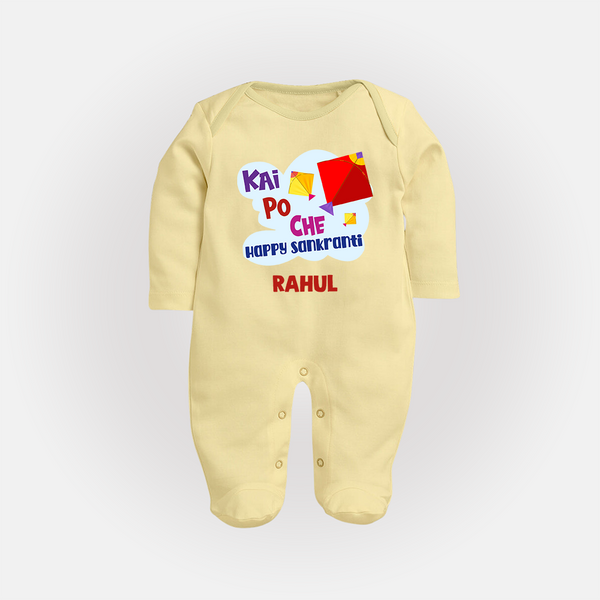 Kai Po Che Ha Happy Sankranti | Customized FullBody Suit with Name - PASTEL YELLOW - New Born (Chest 7.5")