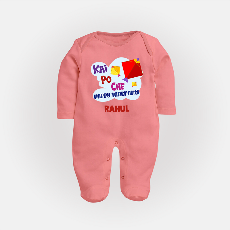 Kai po che 'Happy Sankranti' - Customized Sleep Suit For kids With Name - PEACH - New Born (Chest 7.5")