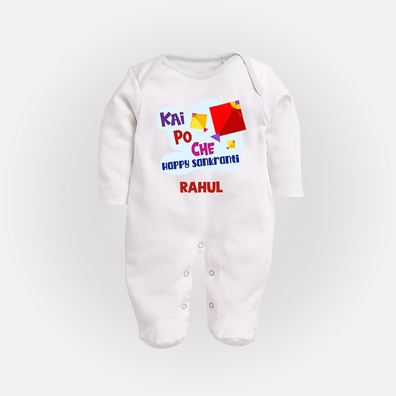 Kai po che 'Happy Sankranti' - Customized Sleep Suit For kids With Name - WHITE - New Born (Chest 7.5")