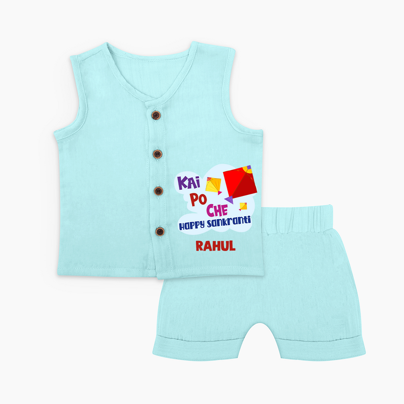 Kai po che 'Happy Sankranti' - Customized Jabla Set For Babies With Name - BABY BLUE - 0 - 3 Months Old (Chest 9.8")