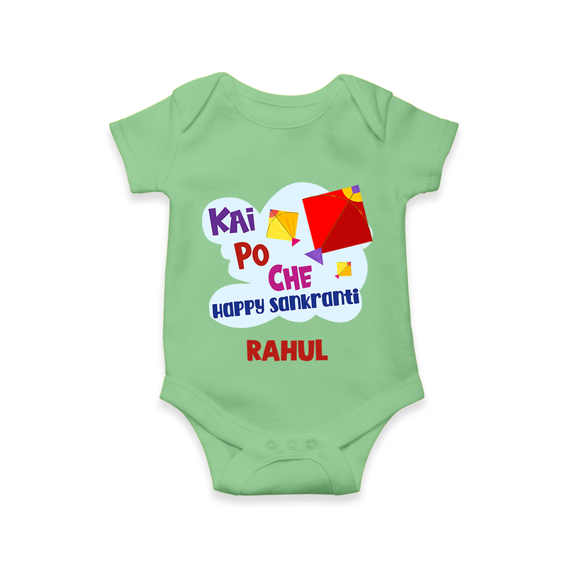 Kai po che 'Happy Sankranti' - Customized Romper For Babies With Name - GREEN - 0 - 3 Months Old (Chest 16")