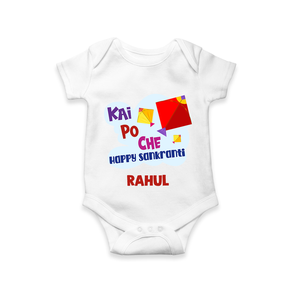 Kai Po Che Ha Happy Sankranti | Customized Romper with Name - WHITE - New Born (Chest 14")