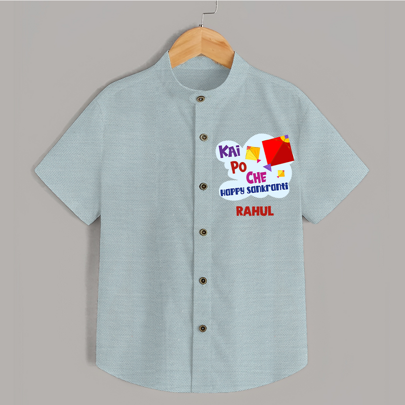 Kai po che 'Happy Sankranti' - Customized Shirt For kids With Name - ARCTIC BLUE - 0 - 6 Months Old (Chest 23")