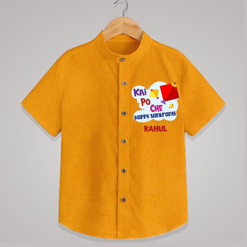 Kai po che 'Happy Sankranti' - Customized Shirt For kids With Name - CHROME YELLOW - 0 - 6 Months Old (Chest 23")