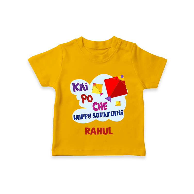 Kai po che 'Happy Sankranti' - Customized T-Shirt For kids With Name - CHROME YELLOW - 0-5 Months Old (Chest 17")