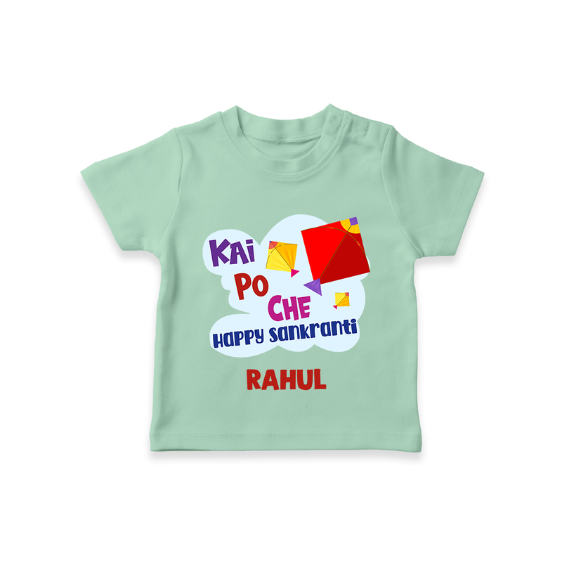 Kai po che 'Happy Sankranti' - Customized T-Shirt For kids With Name - MINT GREEN - 0-5 Months Old (Chest 17")