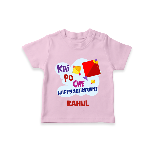 Kai po che 'Happy Sankranti' - Customized T-Shirt For kids With Name - PINK - 0-5 Months Old (Chest 17")