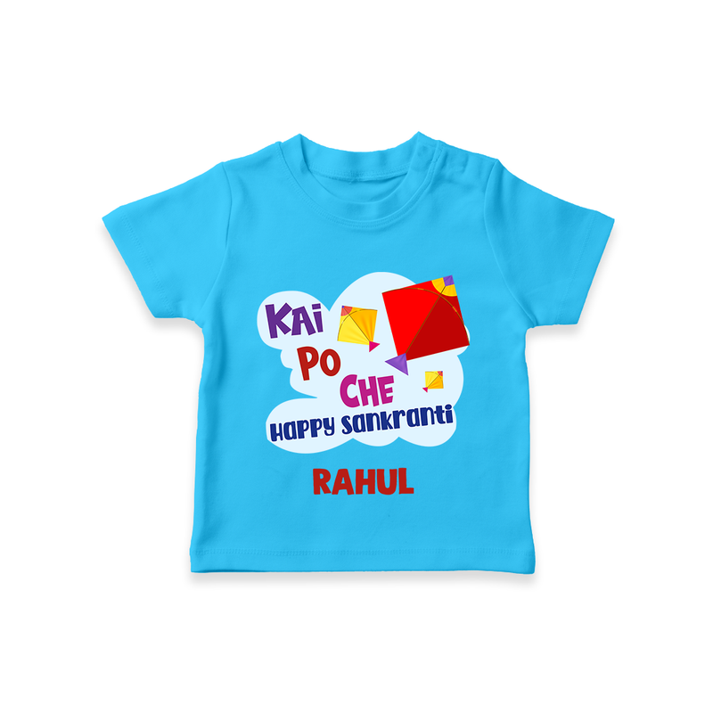 Kai po che 'Happy Sankranti' - Customized T-Shirt For kids With Name - SKY BLUE - 0-5 Months Old (Chest 17")