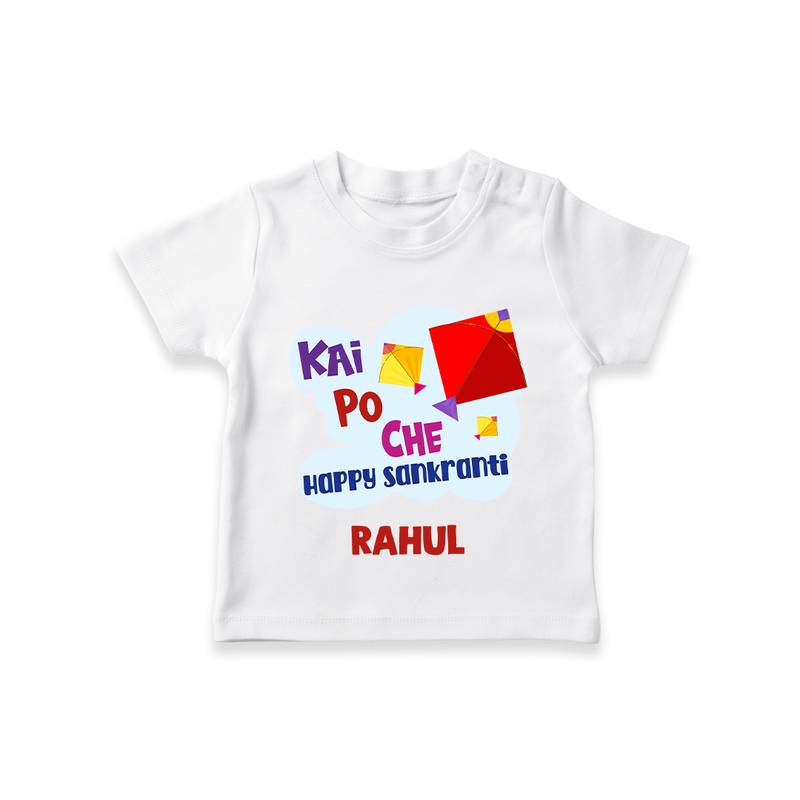 Kai po che 'Happy Sankranti' - Customized T-Shirt For kids With Name - WHITE - 0-5 Months Old (Chest 17")