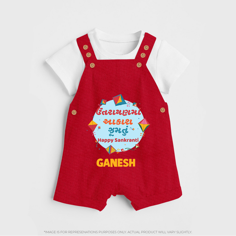 Happy Sankranti - Festival of Kites Dungaree Set for kids with Name - RED - 0 - 5 Months Old (Chest 18")