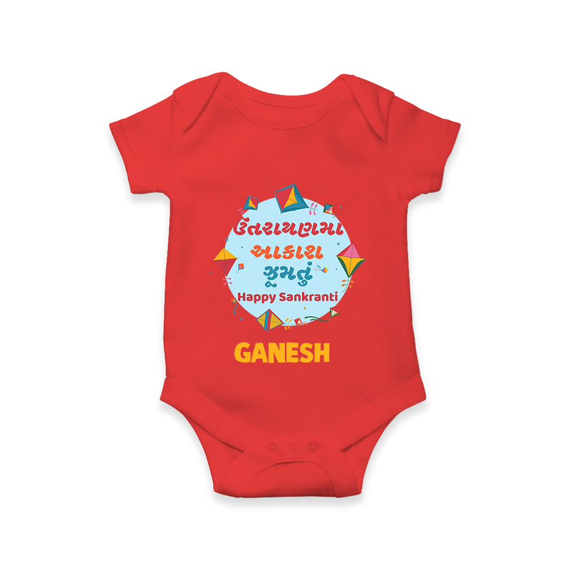 Happy Sankranti - Festival of Kites Romper for Babies with Name - RED - 0 - 3 Months Old (Chest 16")