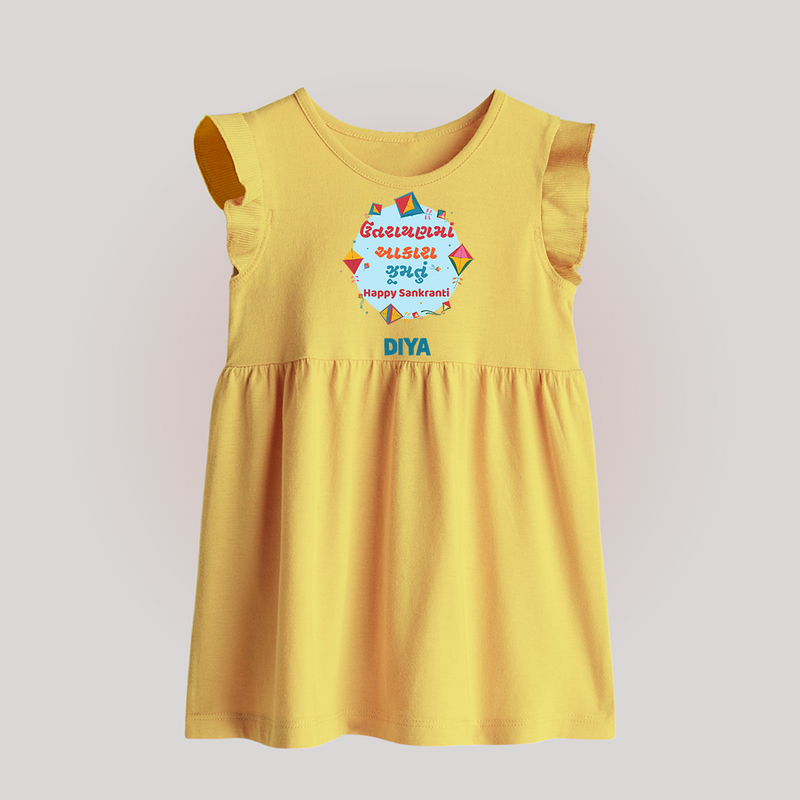 Happy Sankranti - Festival of Kites Baby Frock for Babies with Name - YELLOW - 0 - 3 Months Old (Chest 17")