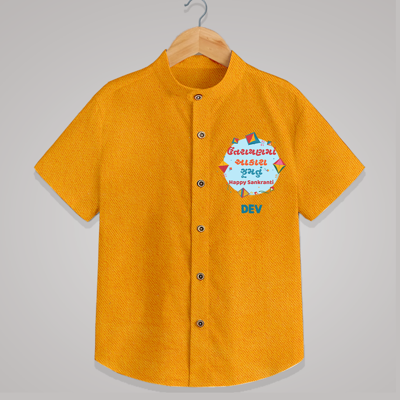 Happy Sankranti - Festival of Kites Shirt for kids with Name - CHROME YELLOW - 0 - 6 Months Old (Chest 23")