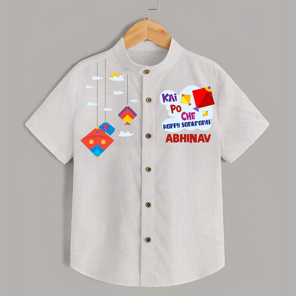 Kai Po Che Ha Happy Sankranti | Personalised Shirt with Name - WHITE - 0 - 6 Months Old (Chest 23")