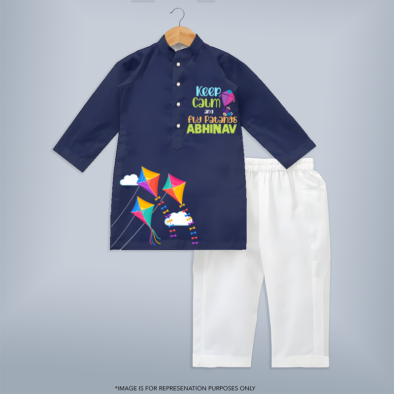 Keep Calm and Fly Patangs - Customised Kids Kurta - NAVY BLUE - 3 - 6 Months Old (Chest 24", Kurta Length 14'', Waist 19", Pant Length 14")