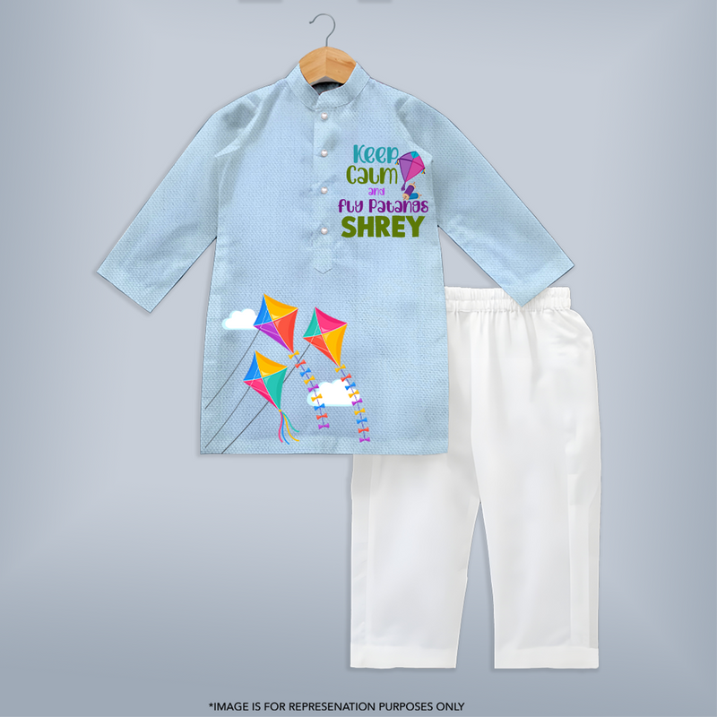 Keep Calm and Fly Patangs - Customised Kids Kurta - SKY BLUE - 3 - 6 Months Old (Chest 24", Kurta Length 14'', Waist 19", Pant Length 14")