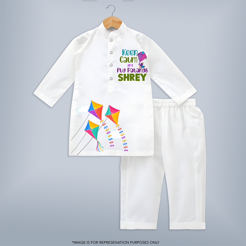 Keep Calm and Fly Patangs - Customised Kids Kurta - WHITE - 3 - 6 Months Old (Chest 24", Kurta Length 14'', Waist 19", Pant Length 14")