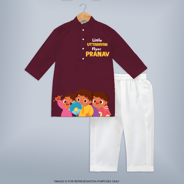 Little Uttarayan Flyer - Adorable Customised Kids Kurta - MAROON - 3 - 6 Months Old (Chest 24", Kurta Length 14'', Waist 19", Pant Length 14")