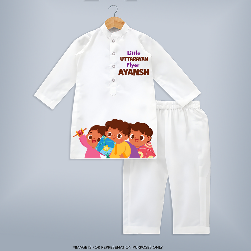 Little Uttarayan Flyer - Adorable Customised Kids Kurta - WHITE - 3 - 6 Months Old (Chest 24", Kurta Length 14'', Waist 19", Pant Length 14")