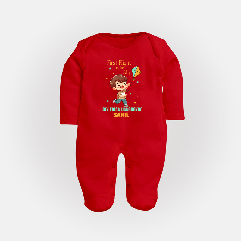 My First Uttarayan - First Flight To The Sky Customized Sleep Suit for Kids with Name - RED - New Born (Chest 7.5")