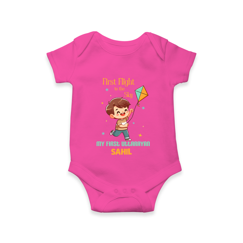 My First Uttarayan - First Flight To The Sky Customized Romper for Babies with Name - HOT PINK - 0 - 3 Months Old (Chest 16")