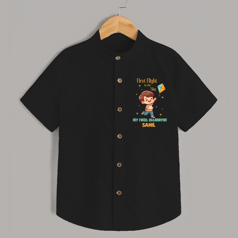 My First Uttarayan - First Flight To The Sky Customized Shirt for Kids with Name - BLACK - 0 - 6 Months Old (Chest 23")