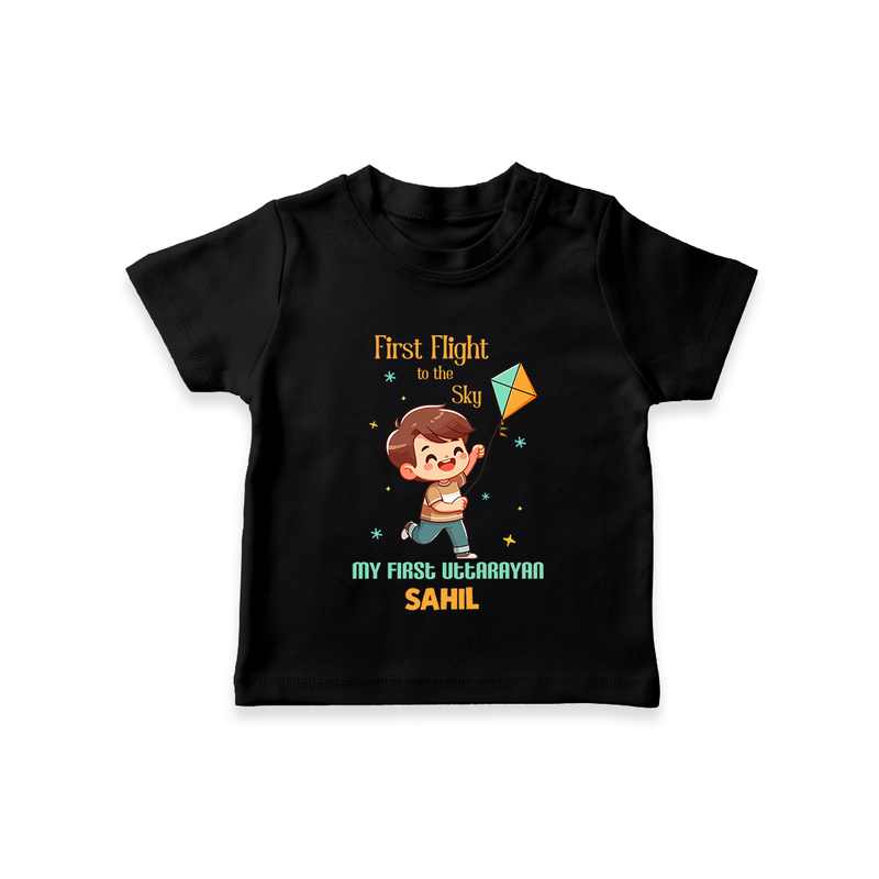 My First Uttarayan - First Flight To The Sky Customized T-shirt for Babies with Name - BLACK - 0-5 Months Old (Chest 17")