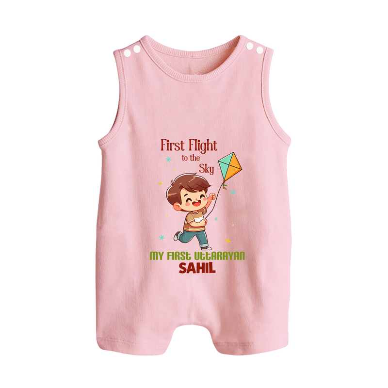 My First Uttarayan - First Flight To The Sky Customized Romper Suit for Kids with Name - BABY PINK - 0 - 5 Months Old (Chest 18")