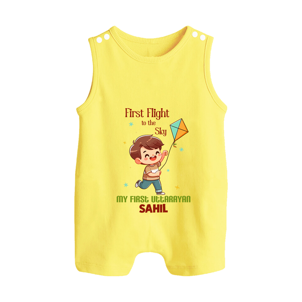 First Flight to the sky | Customized Romper Suit with Name - PASTEL YELLOW - 0 - 5 Months Old (Chest 18")