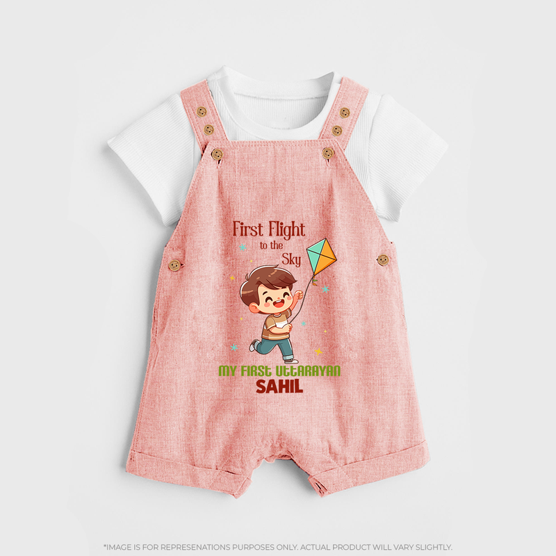 My First Uttarayan - First Flight To The Sky Customized Dungaree Set for Kids with Name - PEACH - 0 - 5 Months Old (Chest 18")