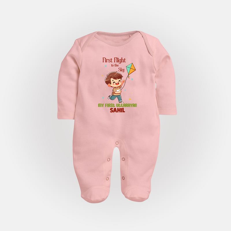 My First Uttarayan - First Flight To The Sky Customized Sleep Suit for Kids with Name - BABY PINK - New Born (Chest 7.5")