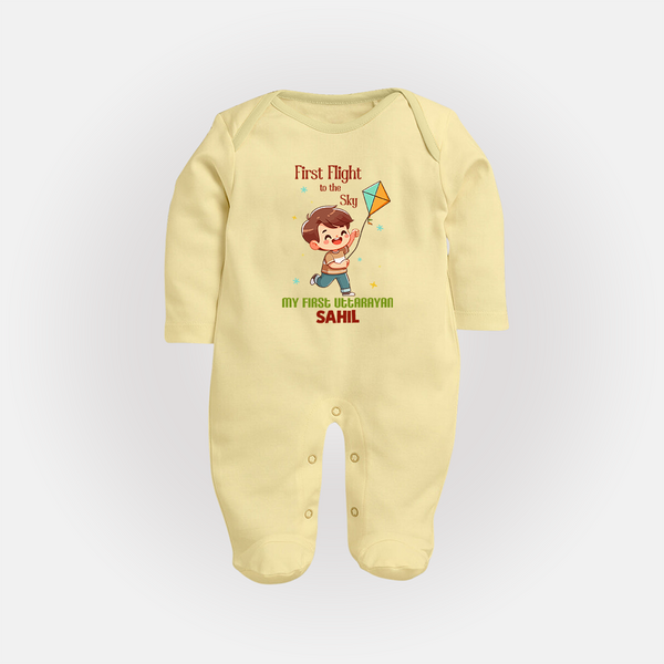 First Flight to the sky | Customized FullBody Suit with Name - PASTEL YELLOW - New Born (Chest 7.5")
